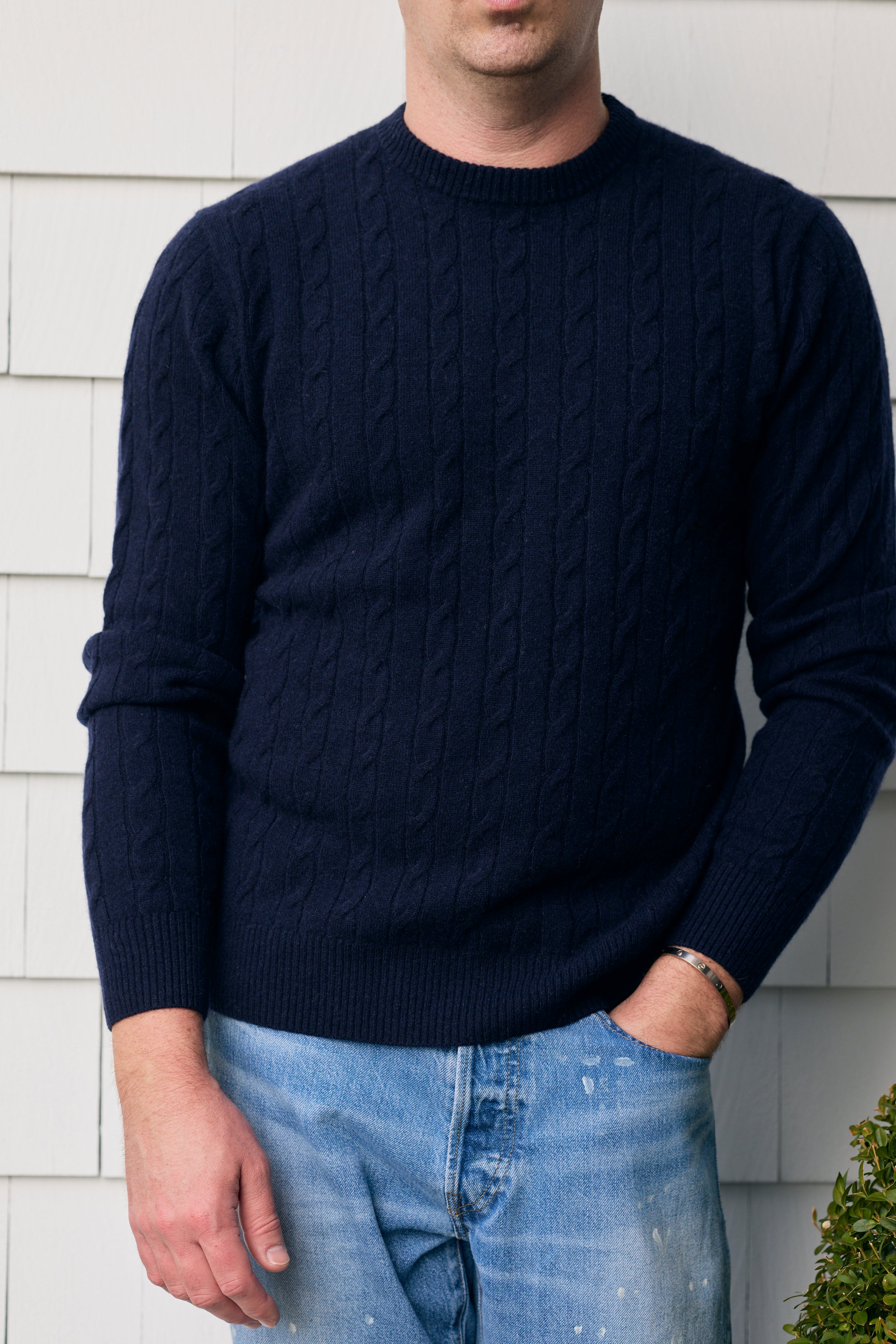 Hank Cashmere Madison Cable Knit Sweater in Midnight Navy