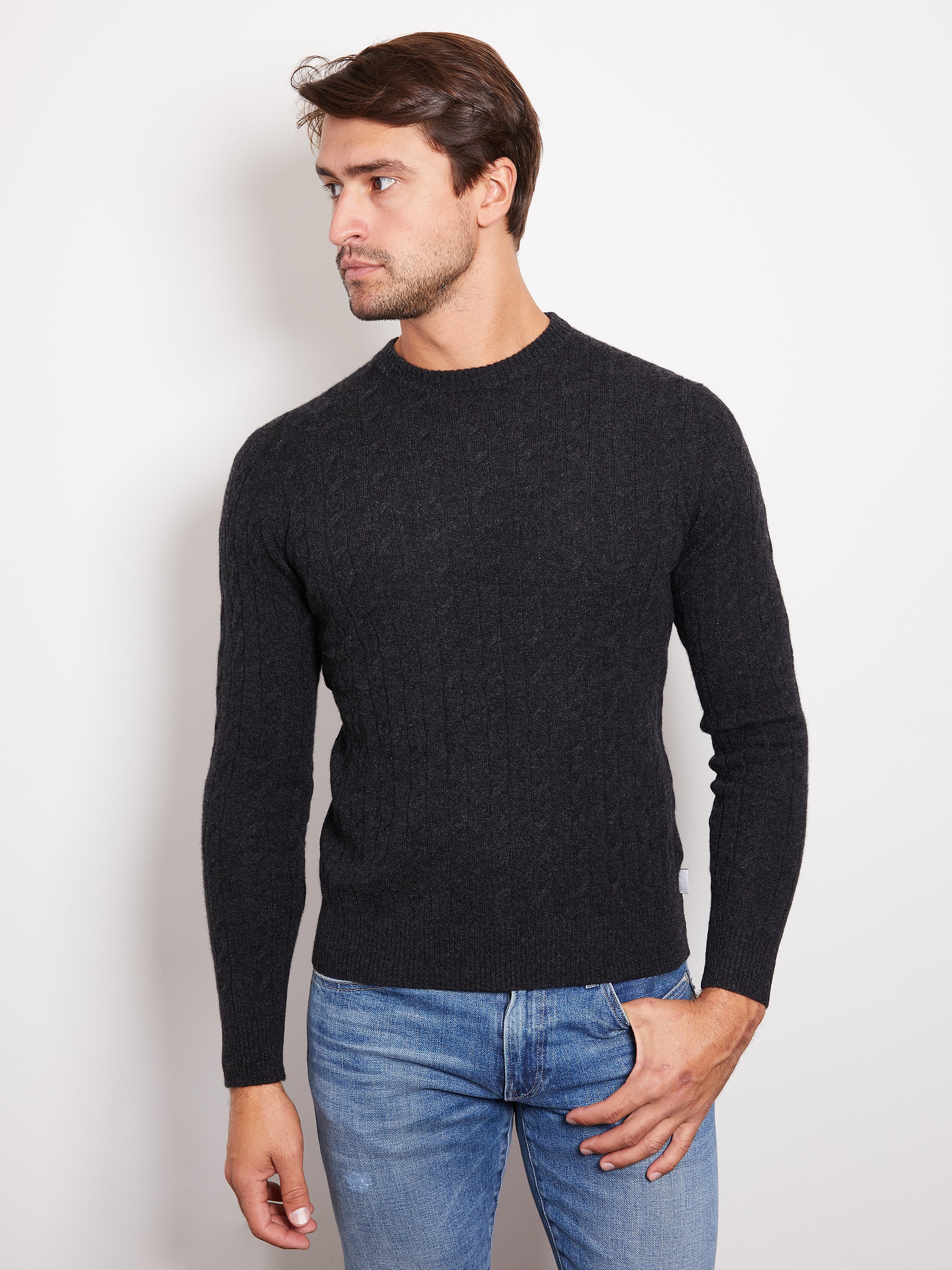 Hank Cashmere Madison Cable Knit Sweater in Charcoal