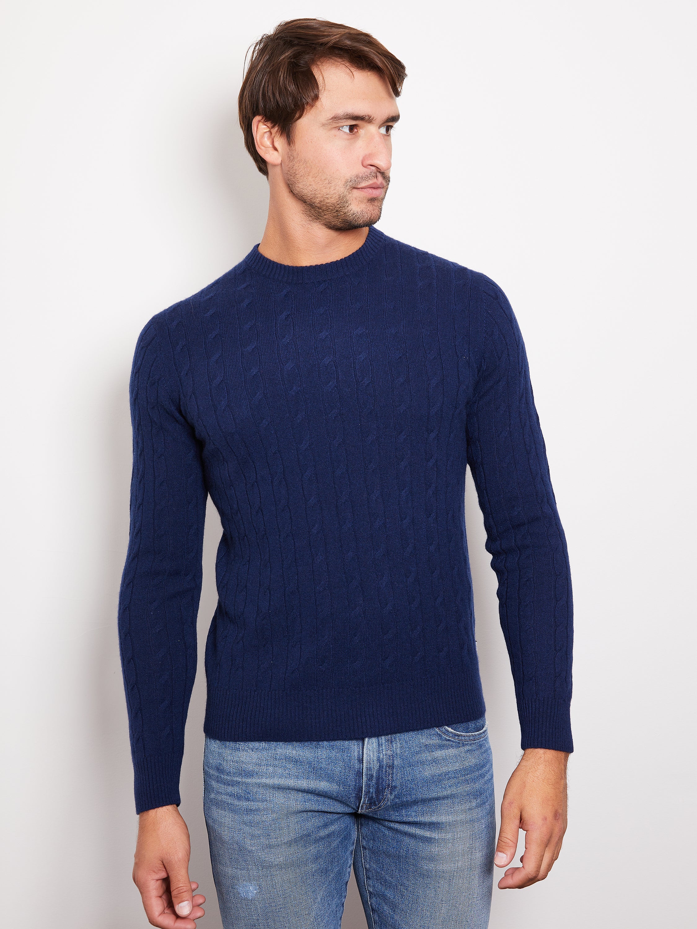 Hank Cashmere Madison Cable Knit Sweater in Midnight Navy