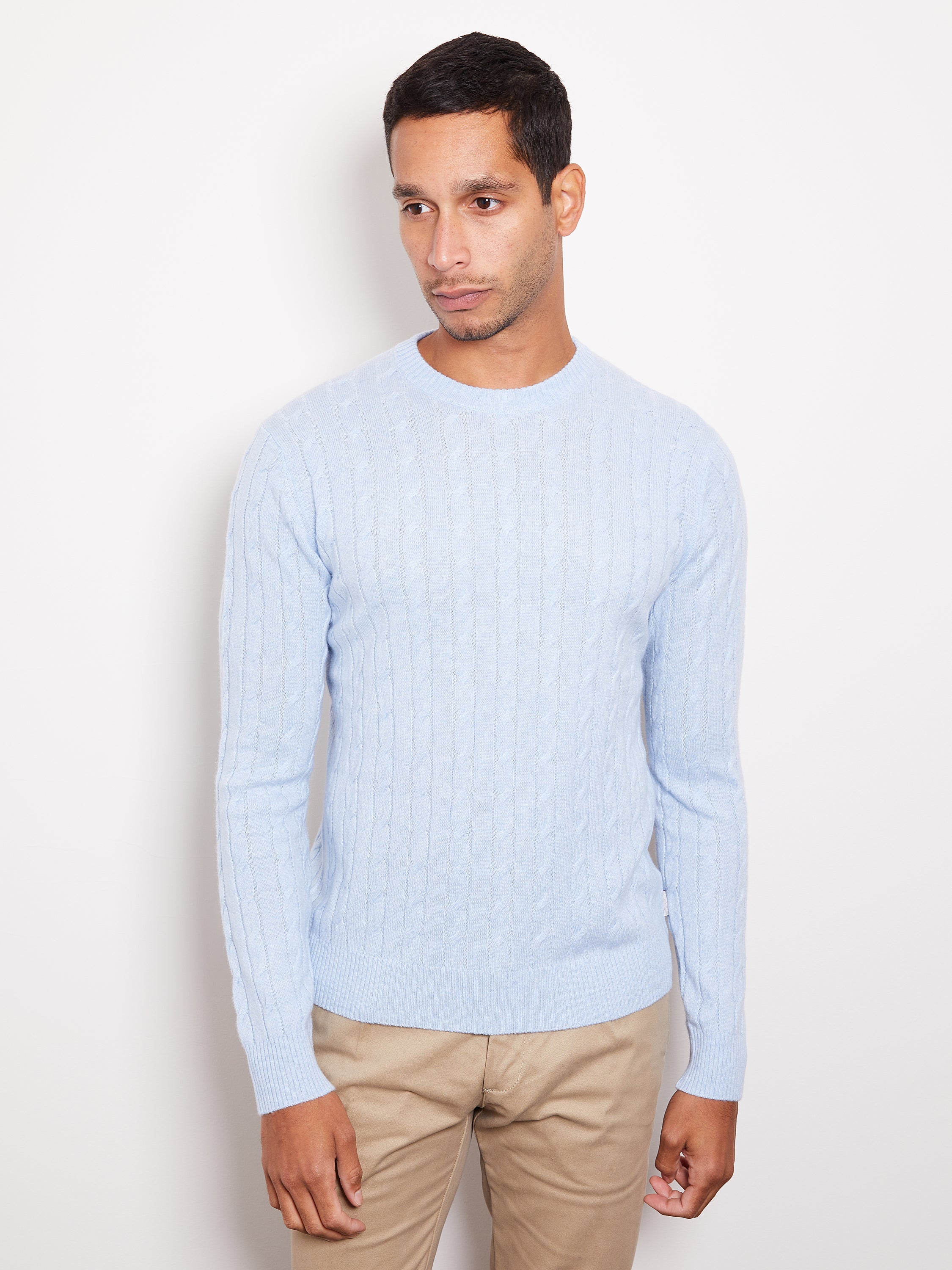 Hank Cashmere Madison Cable Knit Sweater in Pale Blue