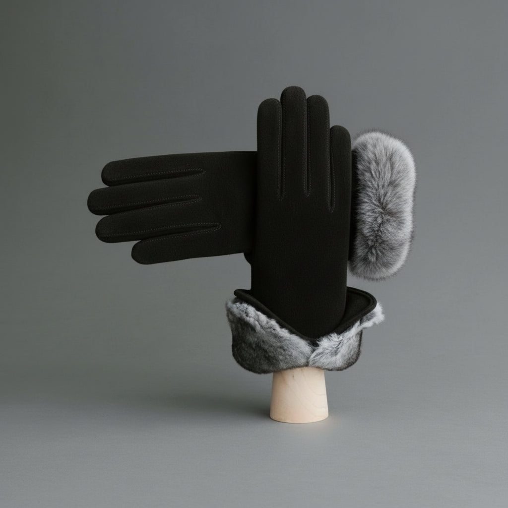 Women's Cashmere Lined Suede Gloves with Orylag Cuffs, Black